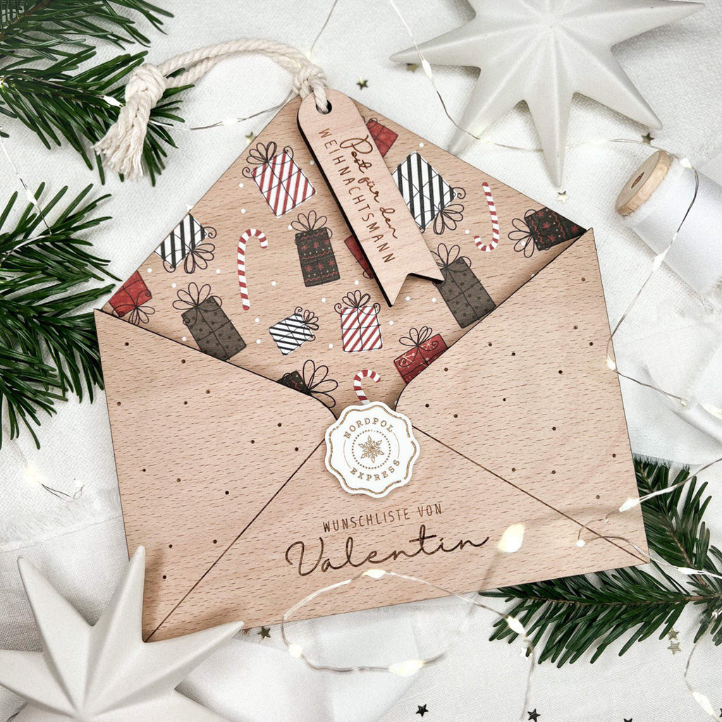 Geschenk Liste - Personalisierter Holz-Briefumschlag für Kinder