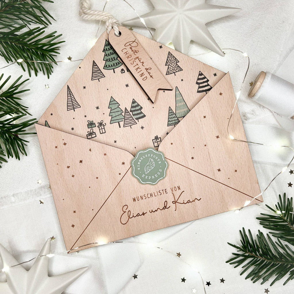 Weihnachtswünsche im Holzumschlag für Weihnachtsmann "Tannen" | Briefumschlag aus Holz personalisiert