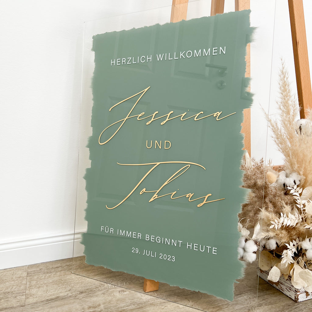 Willkommensschild zur Hochzeit graugrün