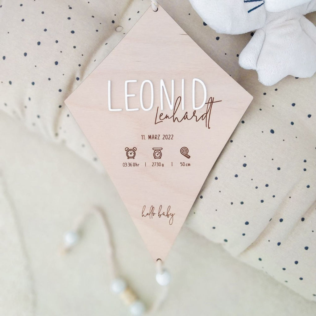 Birth plaque made of wood with acrylic writing in 3D | Personalized