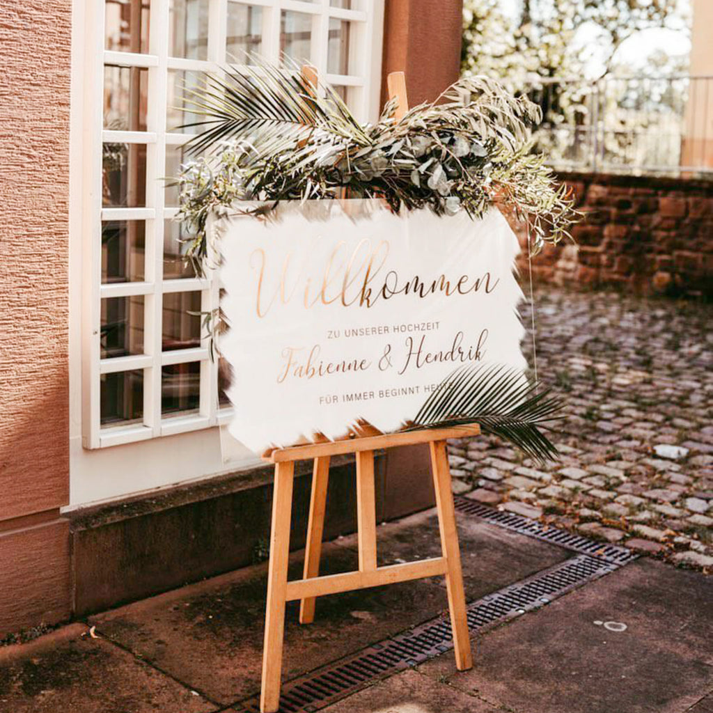 willkommensschild hochzeit acryl gold handbemalt