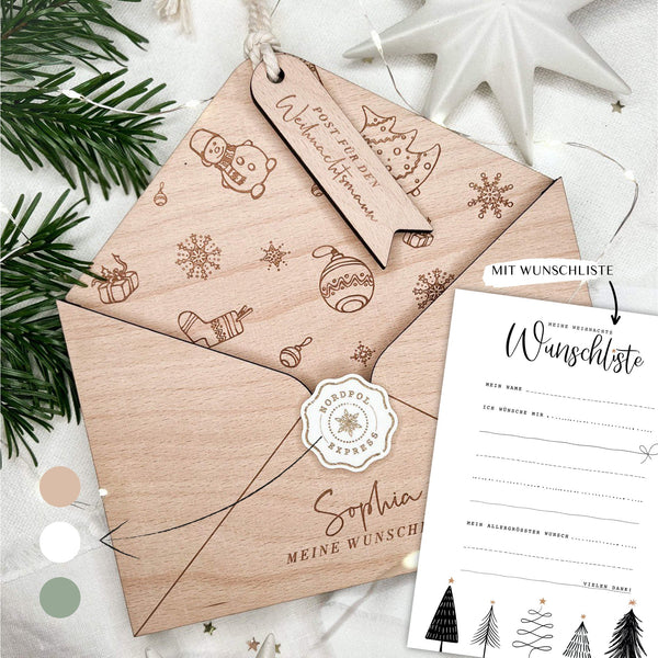 Weihnachtswünsche im Holzumschlag für Weihnachtsmann "Gravur" | Briefumschlag aus Holz personalisiert