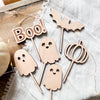 Cake Topper aus Holz mit Halloween Motiven als Geist, Kürbis, Fledermaus und Boo