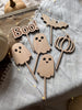 Cake Topper aus Holz mit Halloween Motiven als Geist, Kürbis, Fledermaus und Boo