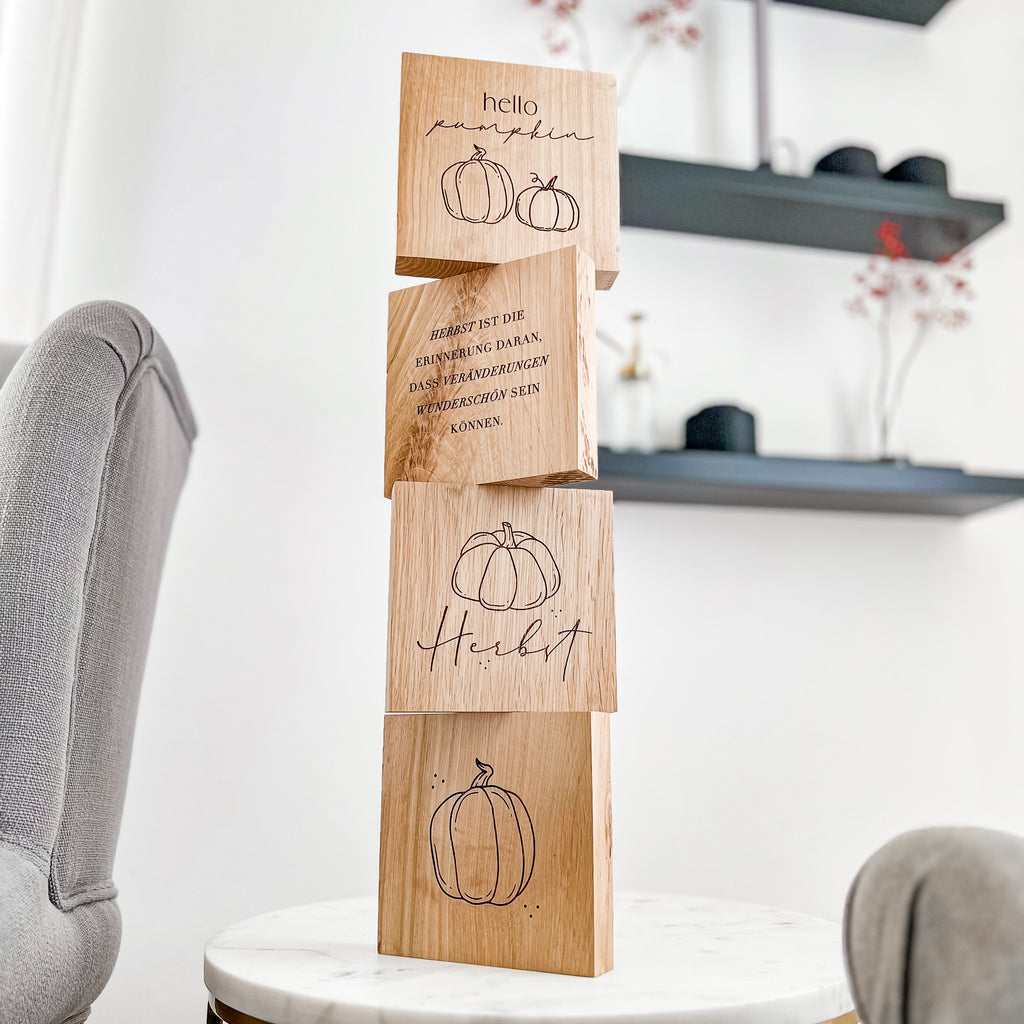 Holzschild Miniblock aus Eiche mit Spruch und Pumpkin
