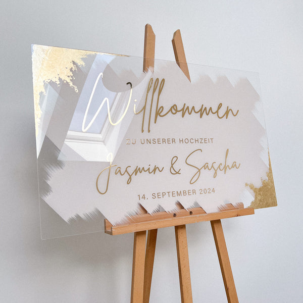 Willkommensschild auf Acryl mit Blattgold | personalisiert