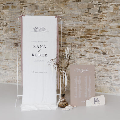 Willkommensbanner aus Stoff mit Location Skizze | Stoffbanner für Hochzeit | personalisiert mit Namen | 80cm breit