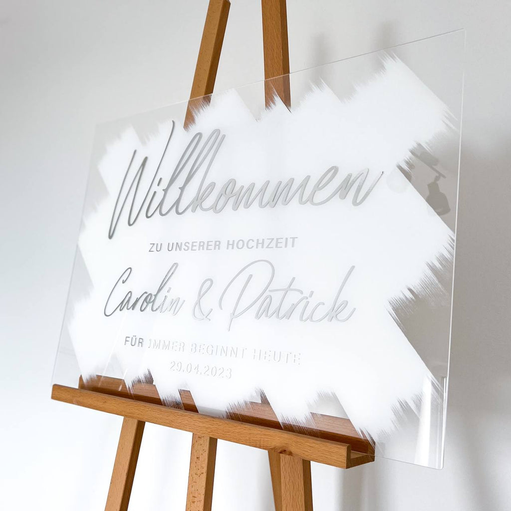 Ein romantisches Willkommensschild für Hochzeiten aus Acryl