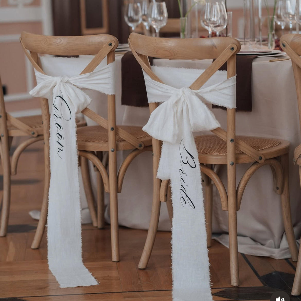 Stuhlschleife Hochzeit aus Leinen mit Aufdruck Bride