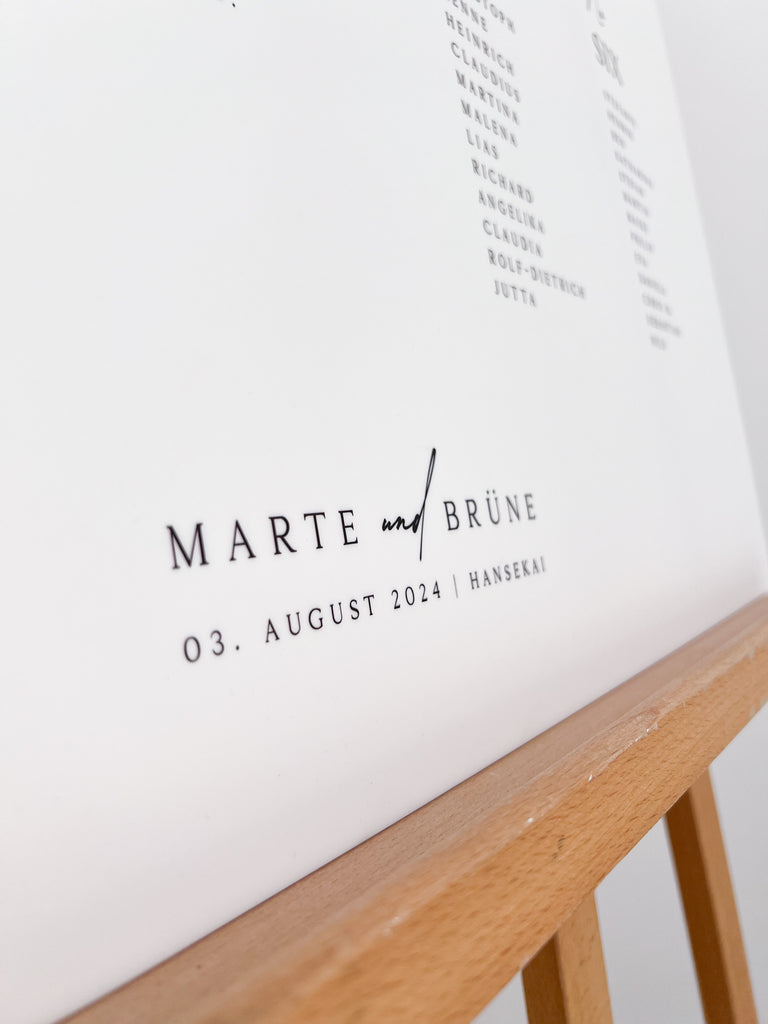 Detailaufnahme: Namen und Tischnummern auf Sitzplan „Amélie“ – Acrylglas