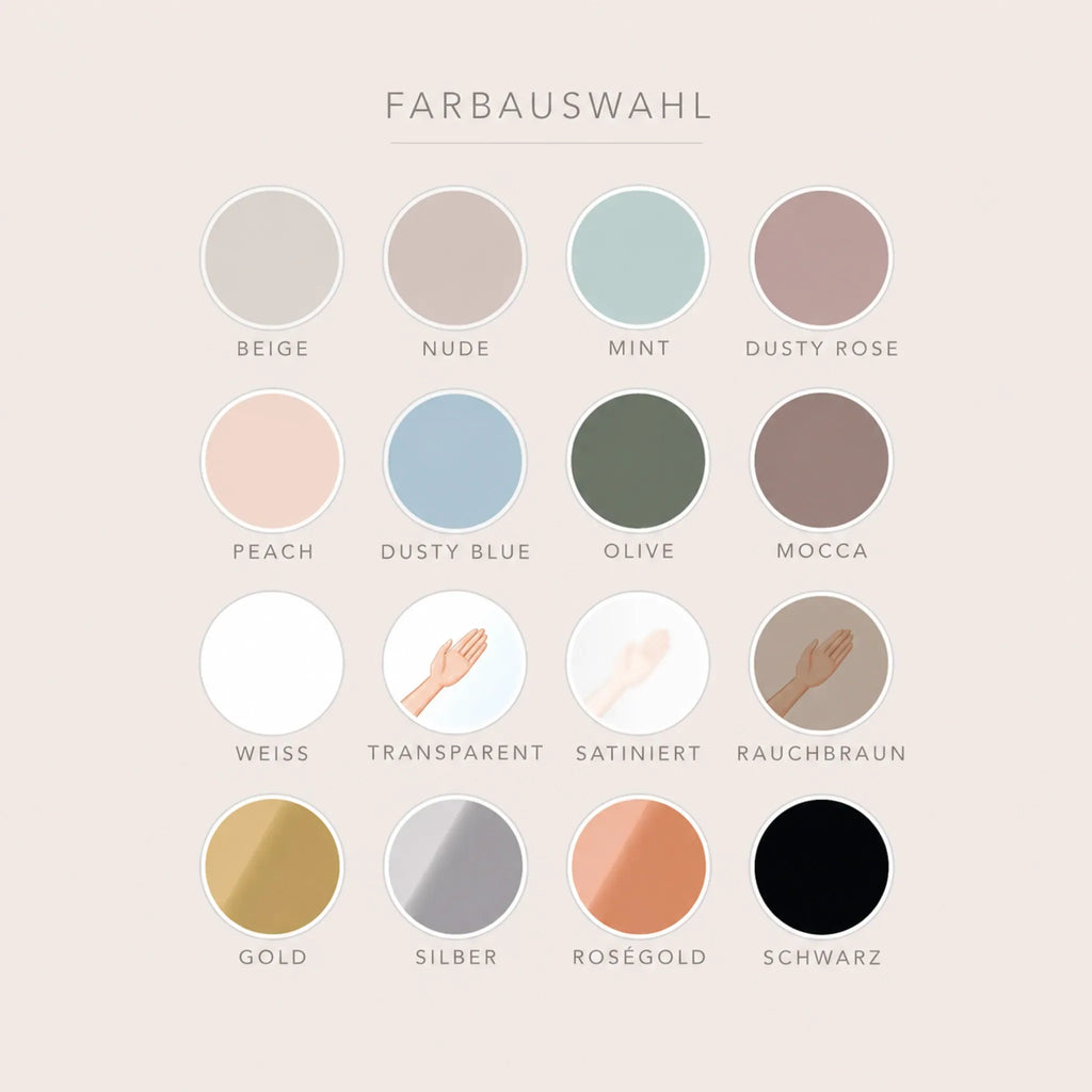 Farbtafel zur Tischnummer Hochzeit Lina mit sechzehn wählbaren Farbtönen von Beige und Nude über Gold und Roségold bis Schwarz