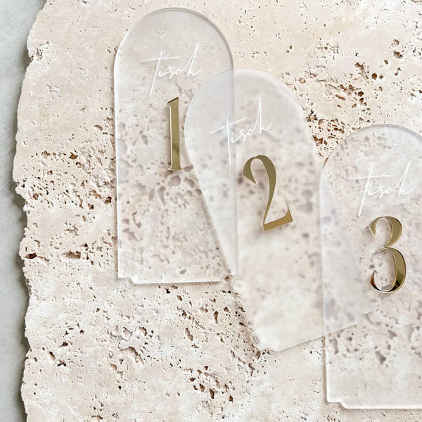 Tischnummer zur Hochzeit halbrund aus Acryl mit 3D-Zahlen