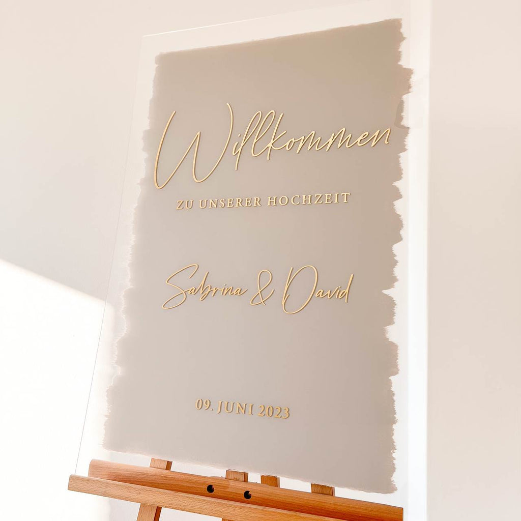 Ein romantisches Willkommensschild für Hochzeiten aus Acryl.