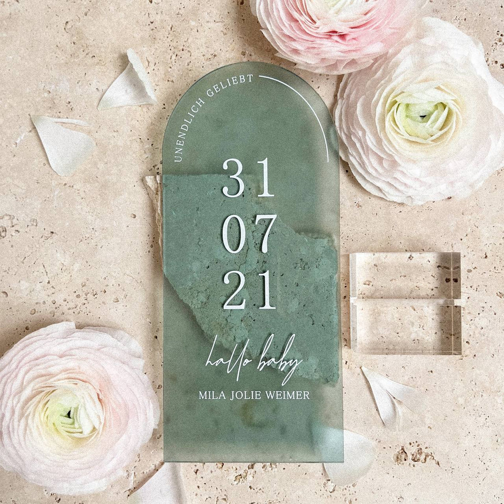 Acrylkarte mit Fuß aus Acrylblock "Unendlich Geliebt" | personalisiert