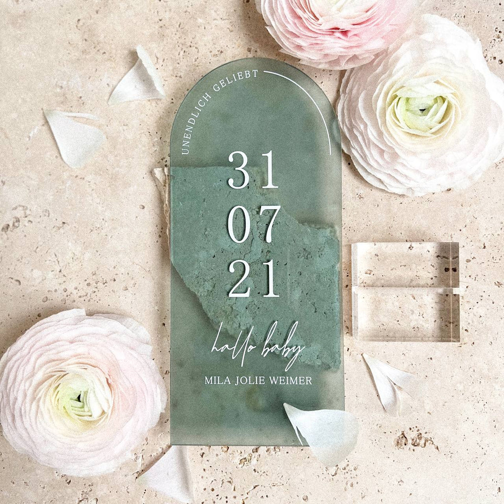 Acrylkarte mit Fuß aus Acrylblock "Unendlich Geliebt" | personalisiert