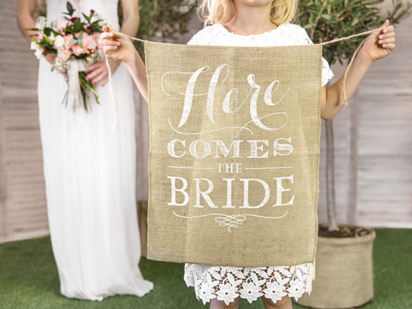 Church decoration jute sign "Here comes the Bride" - size 41 x 51 cm