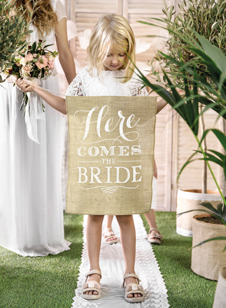 Church decoration jute sign "Here comes the Bride" - size 41 x 51 cm