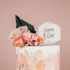 Cake Topper "Happy B-Day" aus Acryl in Hexagon mit Pinselstricheffekt 