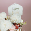 Cake Topper "Happy B-Day" aus Acryl in Hexagon mit Pinselstricheffekt 