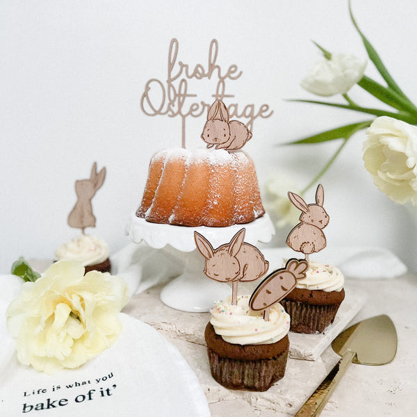 Mini Cake Topper Set "4 Häschen + 1 Karotte" aus Holz
