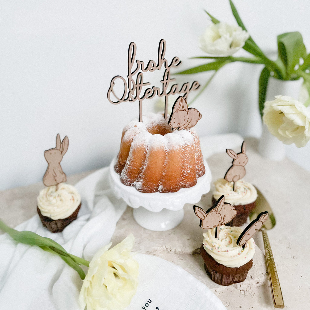 Mini Cake Topper Set "4 Häschen + 1 Karotte" aus Holz