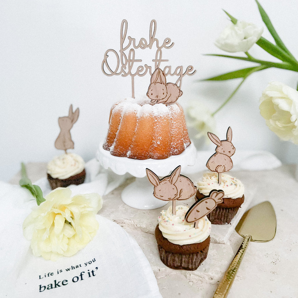 Mini Cake Topper Set "4 Häschen + 1 Karotte" aus Holz