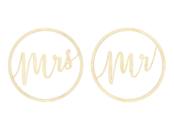2x Stuhlaufhänger aus Holz Zeichen "Mr Mrs" - Durchmesser 38 cm