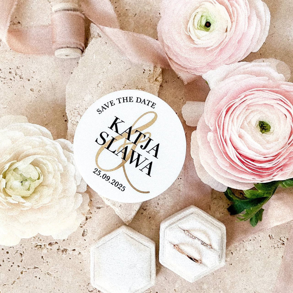 Save the Date Magnet aus Acryl mit Goldprägung
